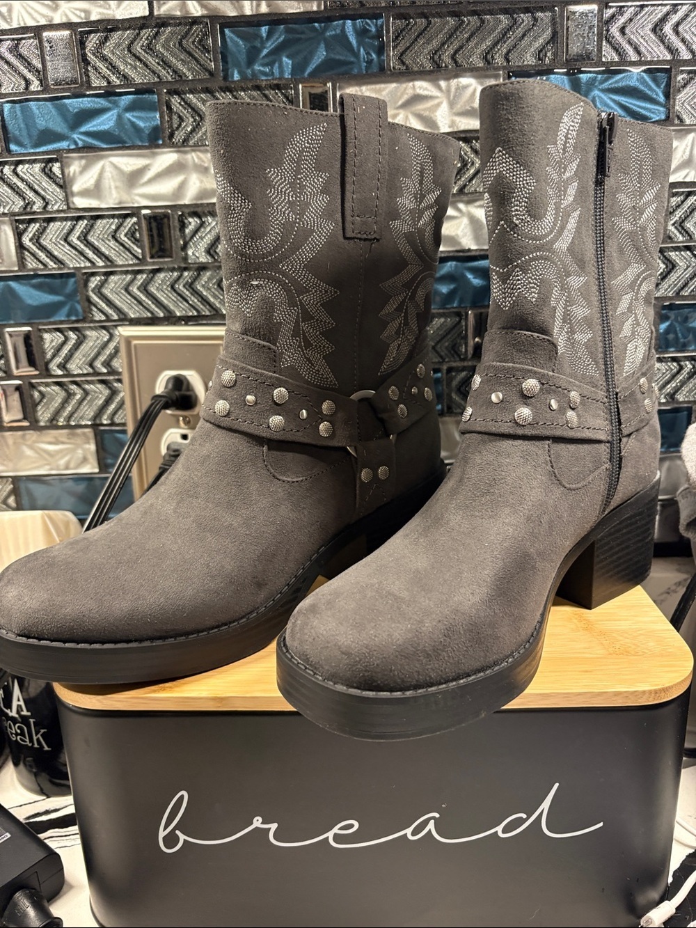 Sun + Stone Gray Suede Studded Western Heeled Boots